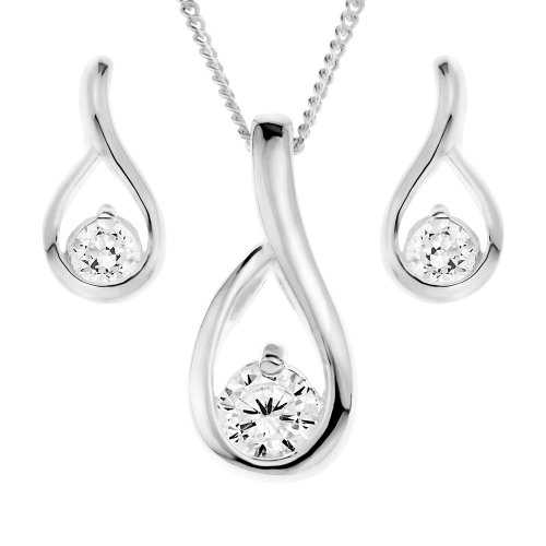 Ornami Silver Ladies Cubic Zirconia Set Loop Pendant and Stud Earrings Set