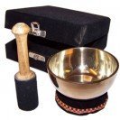 TIBETAN POLISHED BRASS SINGING BOWL GIFT SET 9cm. WITH BLACK SILK CUSHION AND SINGING BOWL STICK