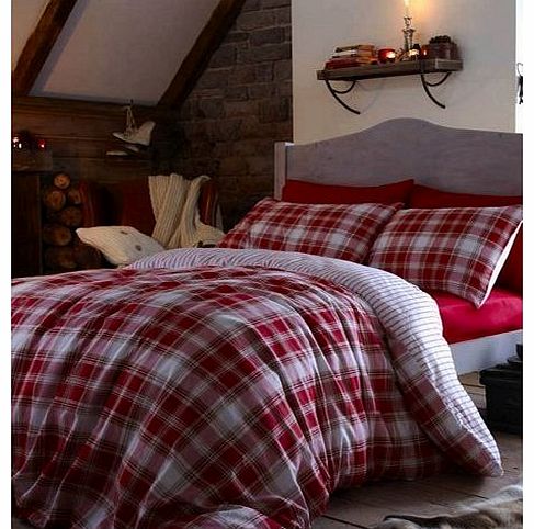 ABERDEEN KING SIZE RED TARTAN PLAID REVERSIBLE COTTON DUVET SET QUILT COVER