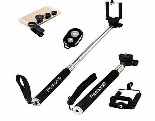 Pechon Black Universal Clip-on 180 Degree Fish Eye Lens Wide Angle Lens Macro Lens 3-in-1 Kit Self Portrait Self Shot Monopod Selfie Stick With Phone Holder Bluetooth Remote Camera Wireless Shutter fo