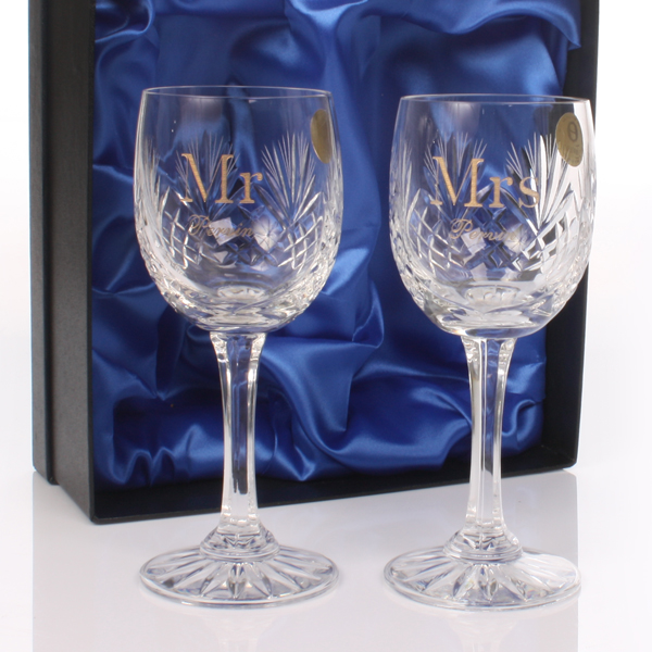 Mr & Mrs Cut Crystal Wine Glasses