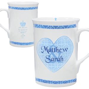 Personalised Mr and Mrs Blue Damask Heart Mug