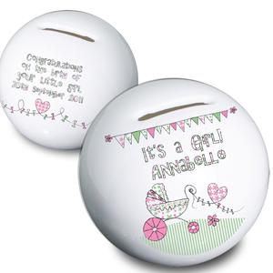 Whimsical Pram Its a Girl Moneybox