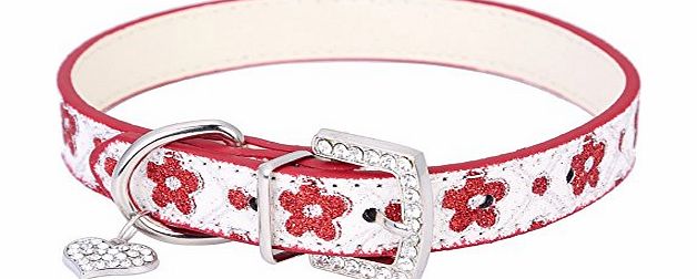 Pet Moon 4/5 Width 11.6-15.2 Pu Leather Flower Print Dog Collars Rhinestone Bulk W/ Bling Love Heart Charm Red