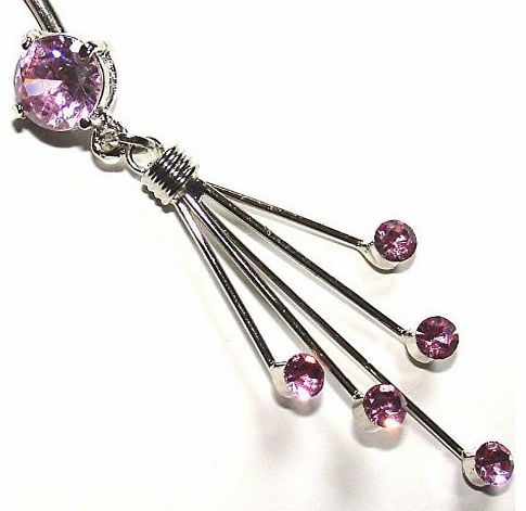 - Body Jewellery Navel Bars - Titanium Crystal Spray Dangle Belly Bar - Pink