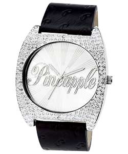 pineapple Silver Stone Set Black Strap Watch