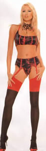 Pink Piranha 3 Piece Brocade Halter Bra Garter Belt And G-String Set- Large- Black Red