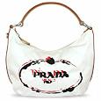 White Nylon and Leather Stencil Logo Hobo Bag