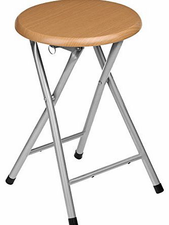 Premier Housewares Natural Rubberwood Folding Stool with Silver Legs - 45 x 30 x 30 cm