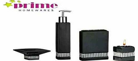 Stunning Ceramic Black Bathroom Accessory Set With Diamante Finish - By Prime