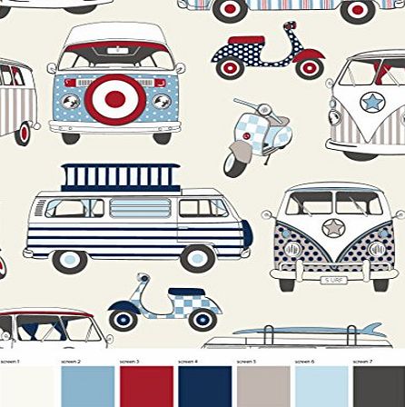 Prestige Fashion UK Ltd Muriva Designer VW Camper Van amp; Moped Scooter Hippy Retro Fabric 100 cotton Vintage designer Curtains, bedding, cushion covers fabric Roman Blinds PRESTIGE FASHION UK LTD (Red/Blue)