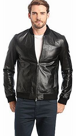 Pretty Green Mens Gaston Bomber Leather Long Sleeve Jacket, Black, X-Large