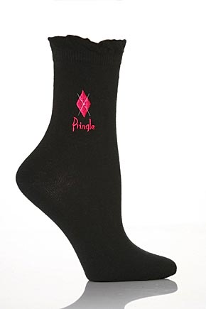 Pringle Ladies 2 Pair Pringle Kelly Argyle Embroidered Socks In 7 Colours Black