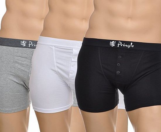 Pringle of Scotland Mens 3 Pack Pringle Button Front Cotton Boxer Shorts In 3 Colours - Small - Black / White / Grey