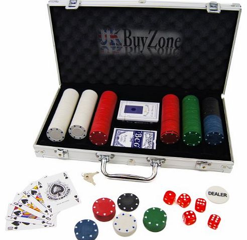 Professional Poker Set 300 Chips 2x Card Decks, Dice, Dealer Button inc. Aluminium Carry Case