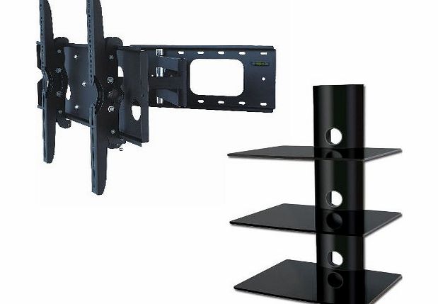 Promount  PACKAGE DEAL! Three SHELVES Wall Mount for AUDIO VIDEO Equipment-BLACK Glass Black Tube   Universal SWIVEL / TILT Bracket with EXTENSION ARM for ALL TV Brands 37 40 42 46 47 50 52 54 55 58 60