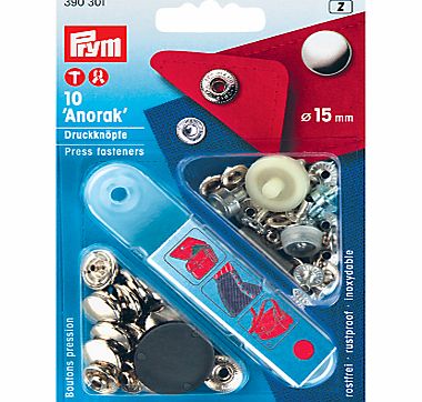 Prym Brass Anorak Press Fasteners, 15mm, Silver,