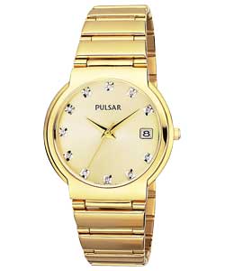 Gents Gold Plated Bracelet Swarovski Dial Watch