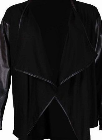 Purple Hanger Womens PU Faux Leather Long Sleeve Trim Ladies Stretch Front Open Kimono Waterfall Cardigan Top Black Size 12 - 14