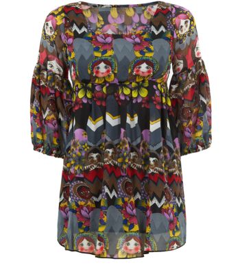 Grey Floral Doll Print Blouse 3195607