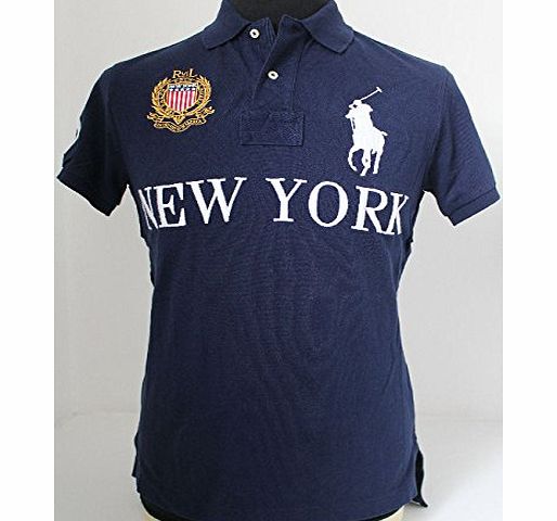 Ralph Lauren MENS POLO RALPH LAUREN NEW YORK UNITED STATES OF AMERICA BIG PONY CUSTOM FIT NAVY POLO *MEDIUM