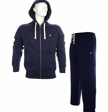 New Mens Ralph Lauren Fleece Hooded Full Tracksuit Top & Bottom S M L XL Black Navy Grey (Large, Navy)