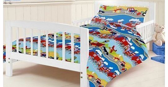 Junior Cot Bed Colourful Transport Print Duvet Cover Set. Colour: Bright Multi-colour Transport Multi Vehicle Design. Size: 120cm x 150cm