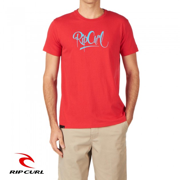 Mens Rip Curl Script Font T-Shirt - True Red