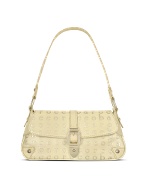 Beige Signature Stamped Leather Flap Shoulder Bag