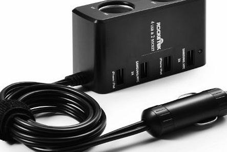 Rocketek 6A/30W 4 USB High output Ports Car Charger (85CM Cable Length) , with 2 car cigarette lighter splitt