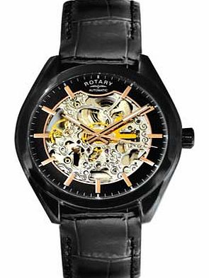 Rotary Mens Black Strap Skeleton Watch