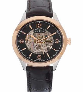 Rotary Mens Brown Strap Skeleton Watch