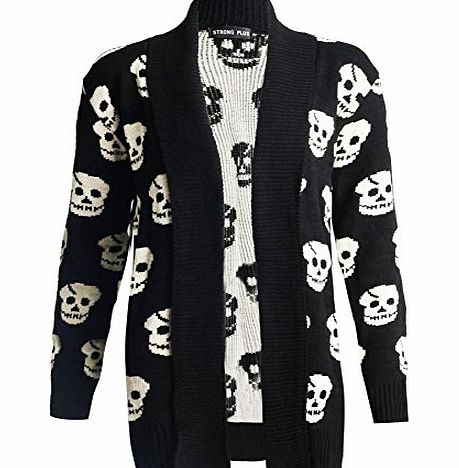 Runway Splash LADIES WOMENS KNITTED AZTEC OPEN CARDIGAN SKULL PRINT FULL LEEVES JUMPER SZ 8-22[Black/Skull, 1SZ]