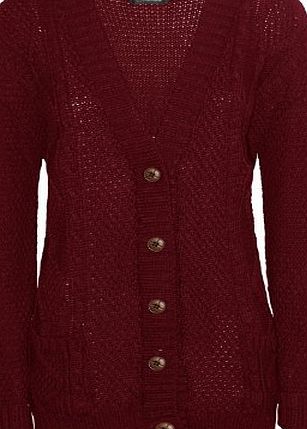 Runway Splash WOMENS LADIES LONG SLEEVE BUTTON CHUNKY CABLE KNITTED GRANDAD BOYFRIEND CARDIGAN[Wine,1SZ]