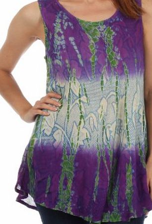 Sakkas 40831 Ombre Floral Tie Dye Flared Hem Sleeveless Cotton Tunic Blouse - Purple / Cream - One Size Plus