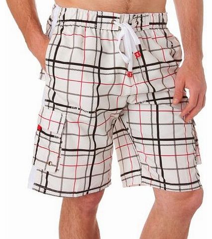 Sakkas 88113B - Sakkas Mens Trendy Plaid Print Skate Surf Board Short / Swim Trunks - Off white/Large