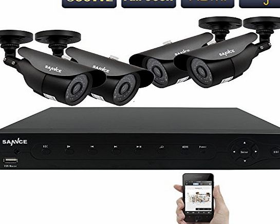 SANNCE 4CH P2P DVR Surveillance Kit with 4 Outdoor Security CCTV Cameras (HDMI 960H, Peer to Peer, 800TVL, Day/Night Vision) (Black)