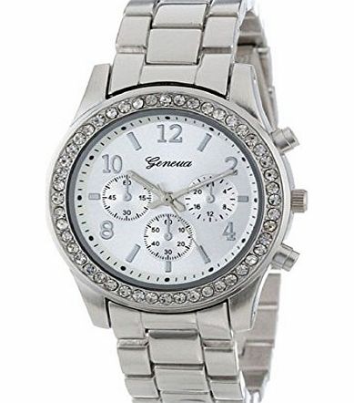 Sannysis Faux Chronograph Quartz Classic Round Women Crystals Watch (Silver)