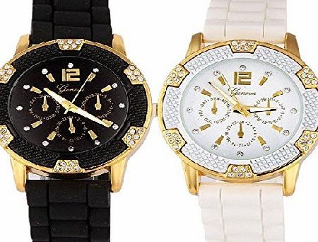 Sannysis Womens White Rose Gold Chronograph Silicone with Crystal Rhinestones Bezel (Black)