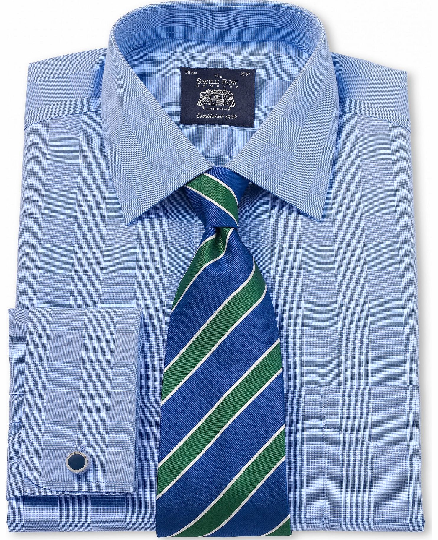 Savile Row Company Blue Prince of Wales Poplin Classic Fit Shirt 17