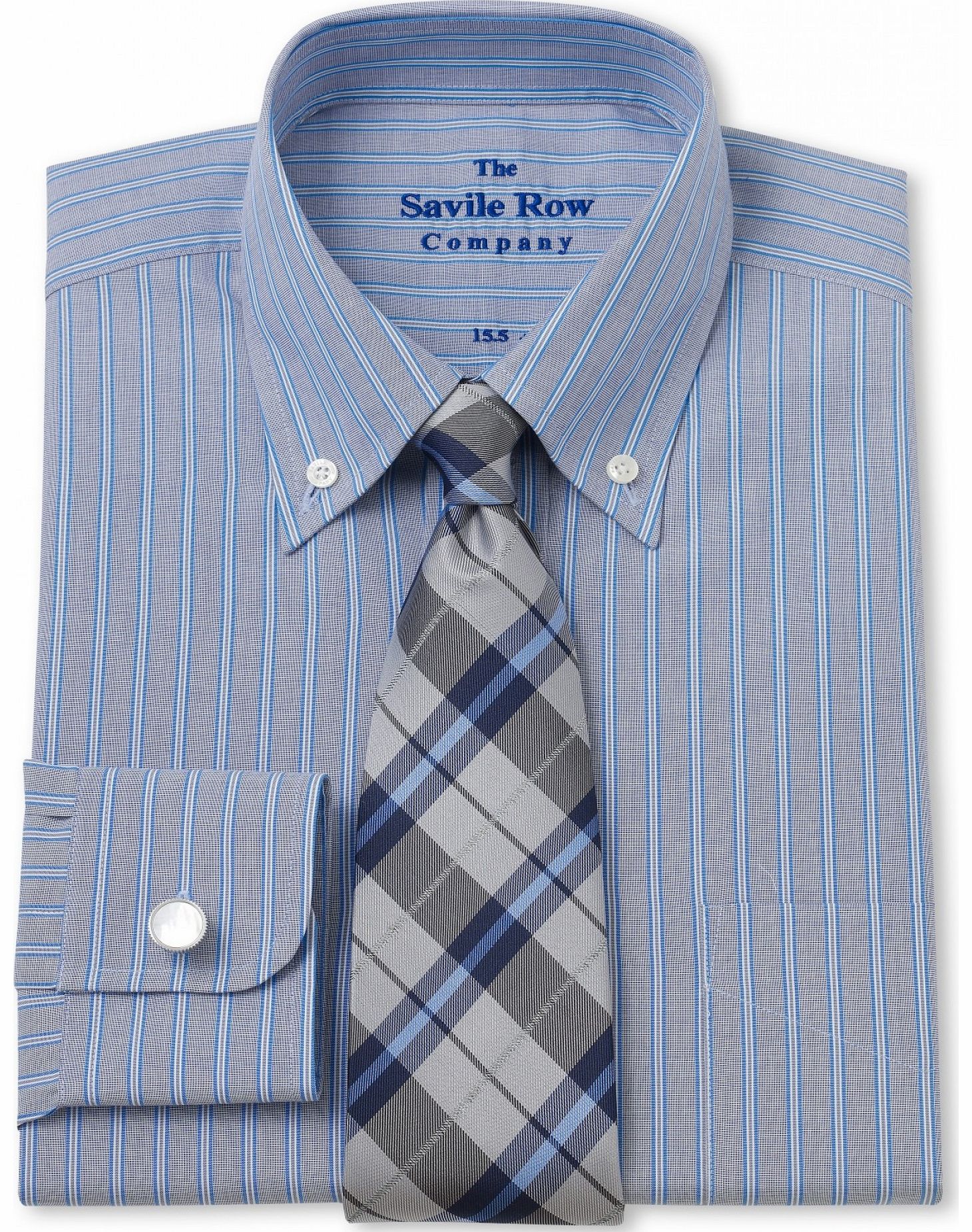 Savile Row Company Navy Blue End on End Stripe Classic Fit Shirt 15