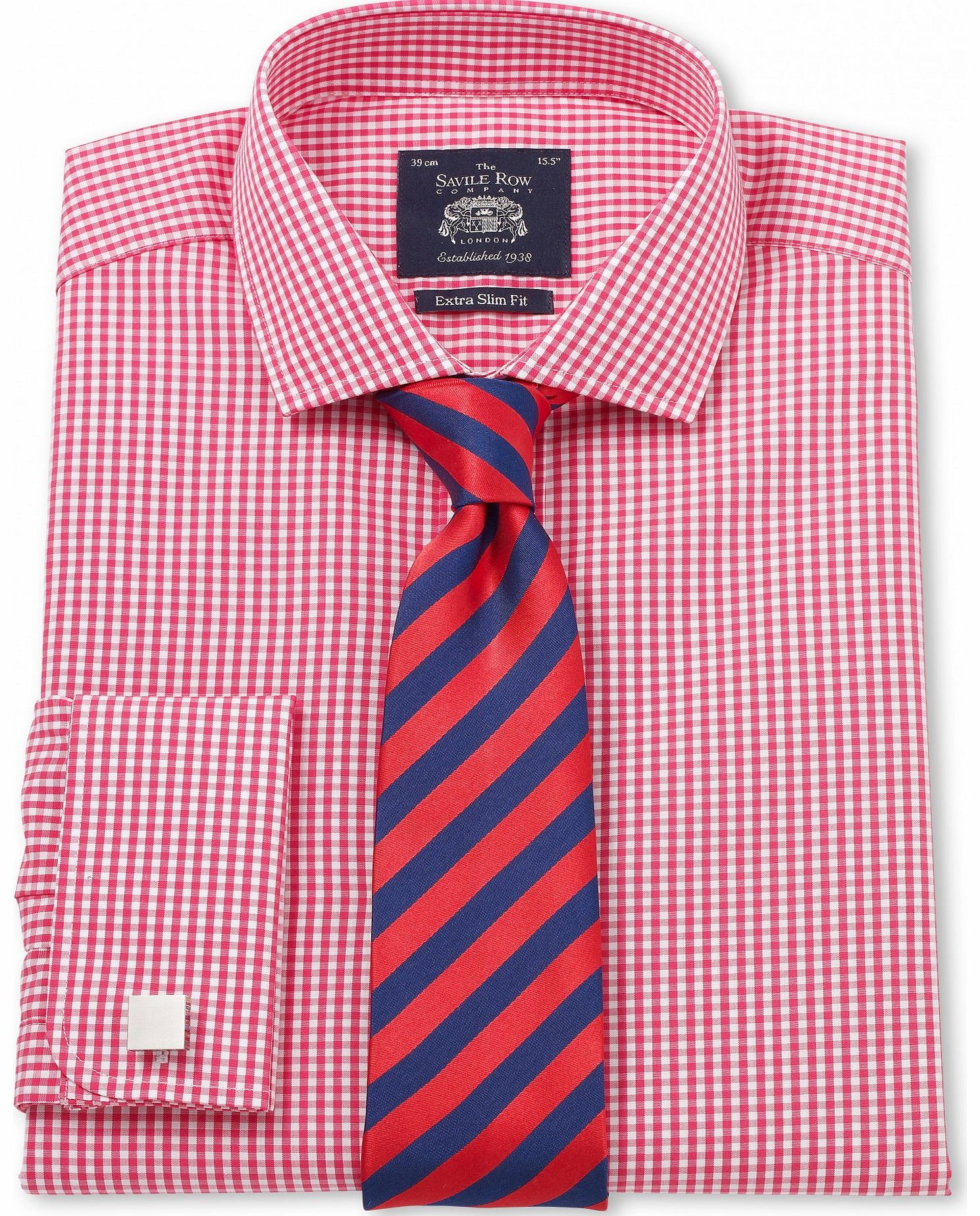 Savile Row Company Red White Poplin Gingham Extra Slim Fit Shirt 17