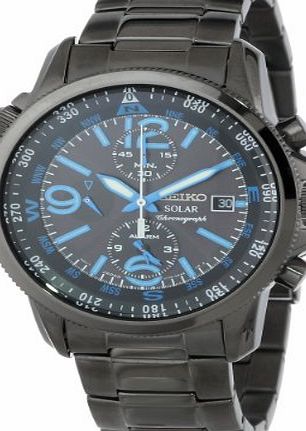 Seiko Mens SSC079 Solar Chronograph Black Bracelet Blue Numbers Watch