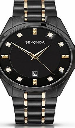 Sekonda Black Dial IP Gold Two Tone Stainless Steel Bracelet Gents Watch 1003