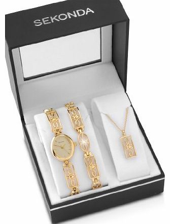 Sekonda Ladies Gold Plated Watch Stone Set Bracelet & Pendant Gift Set 4534G