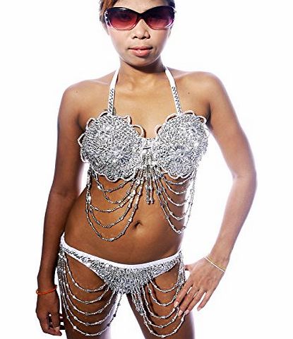 Sequin Bikinis RIO CARNIVAL STYLE BIKINI - SEQUINS / TASSELS - SILVER - G-STRING THONG LOWER - Small S: UK 8 - 10