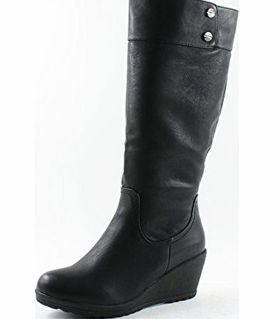 SFO WOMENS LADIES WEDGE HIGH HEEL DESIGNER WINTER LONG KNEE BIKER BOOTS SIZE 3 4 5 6 7 8 (UK8, Black)