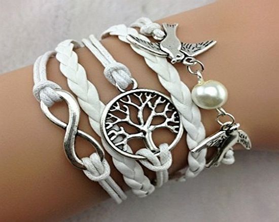 SheClub Wax Rope Braided White Bracelet, Infinity/ Infinity Wish / Birds Swallow with White Pearl Bead/ Wish