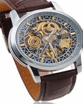 SHENHUA Mens Auto Self Wind Mechanical Hollow Engraving Brown PU Leather Strap Steampunk Bracelet Wrist Watc