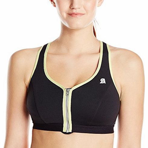 Womens Zip Plunge Sports Bra - Black/Green, 34D